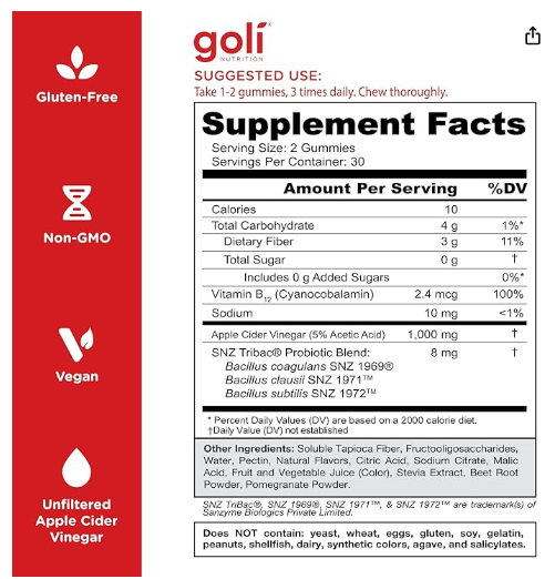 Goli Gomitas de vinagre de sidra de manzana sin azúcar